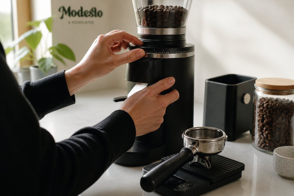 Close-up of a barista's hands adjusting the grind size dial on a home espresso grinder, with a portafilter and digital scale visible on a clean kitchen counter in soft morning light