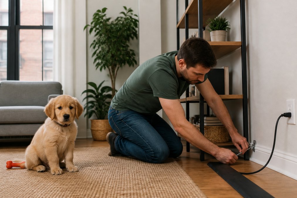 Person securing electrical cords and anchoring furniture to show how to puppy proof an apartment safely.