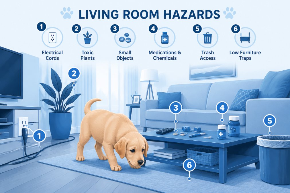 Bright living room with a golden retriever puppy exploring near furniture, electrical cords visible along baseboards, small objects scattered on a low coffee table, showing common household hazards from a puppy's perspective at ground level