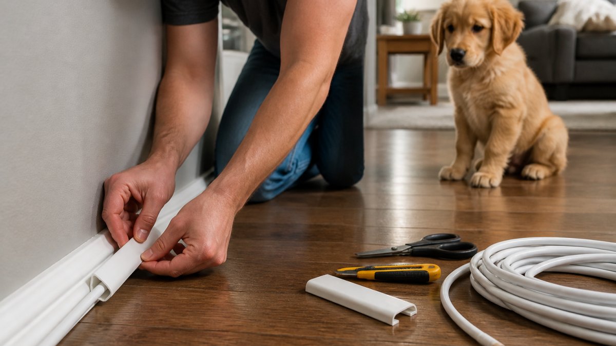 Close-up of a person kneeling on a living room floor securing a white electrical cord inside a plastic cord cover along the baseboard, with a curious golden retriever puppy watching from a few feet away