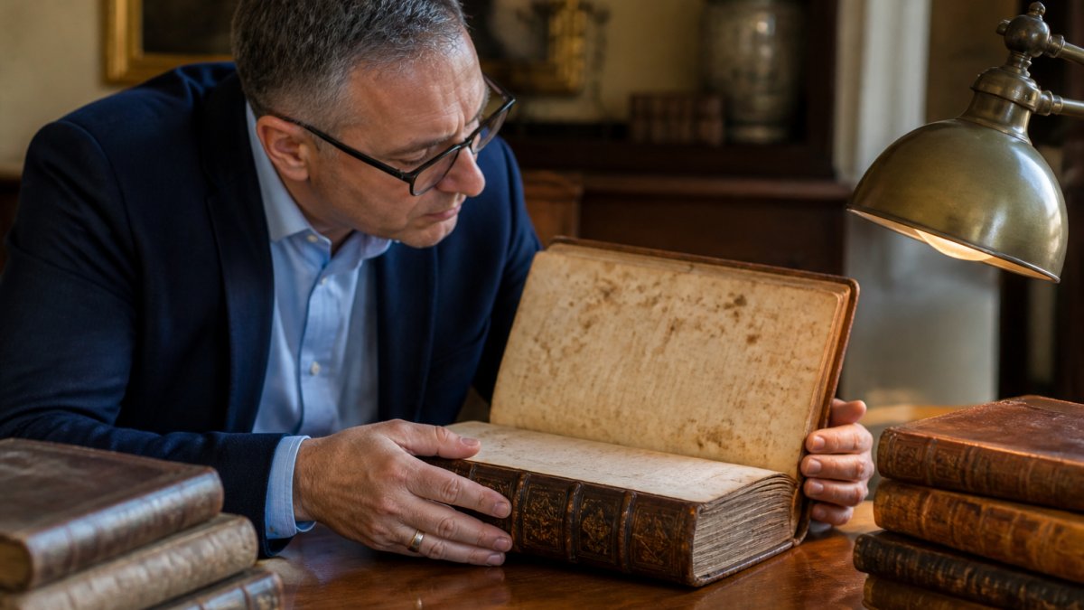 Professional carefully examining an open leather-bound antique book, showing aged paper with visible foxing and embossed spine details under natural light from a desk lamp