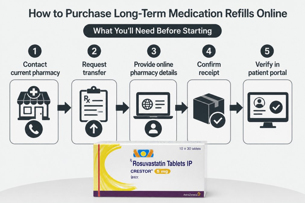 Flowchart showing 5-step process: Contact current pharmacy → Request transfer → Provide online pharmacy details → Confirm receipt → Verify in patient portal