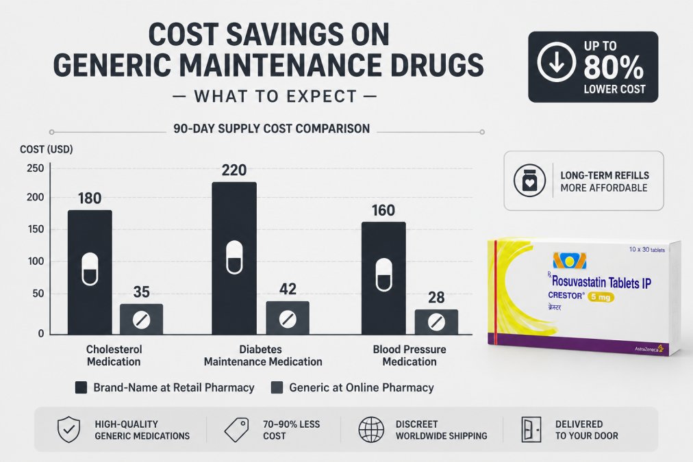 Bar chart comparing 90-day supply costs: Brand-name cholesterol medication at retail pharmacy $180, generic at online pharmacy $35, diabetes maintenance medication brand $220 vs. generic $42, blood pressure medication brand $160 vs. generic $28