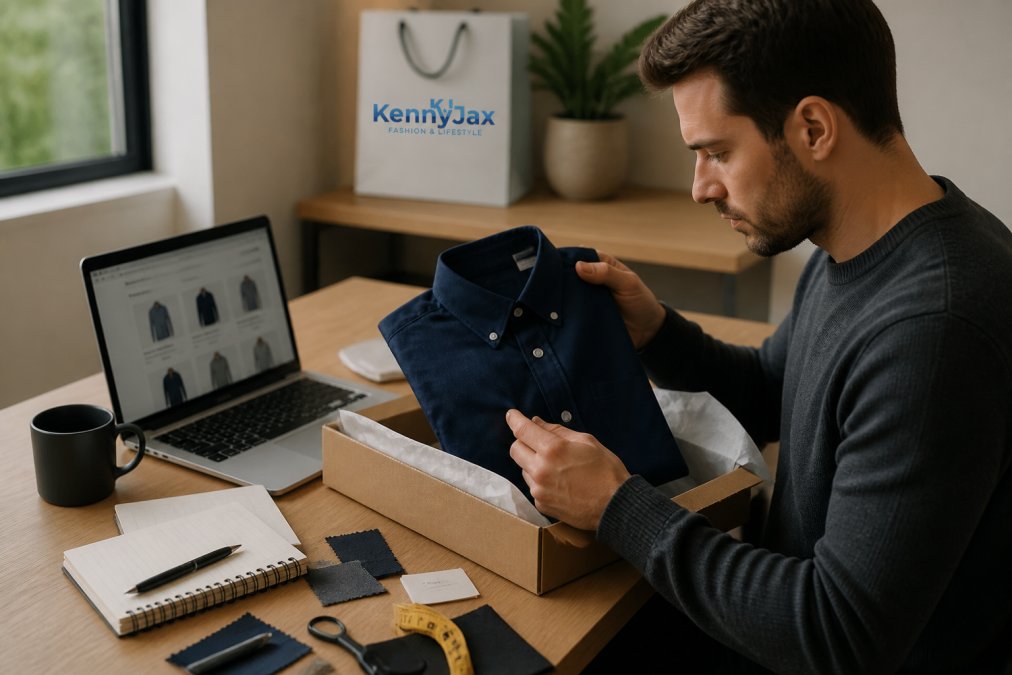 Infographic showing a step-by-step process for evaluating the fabric and stitching quality of online clothing orders.
