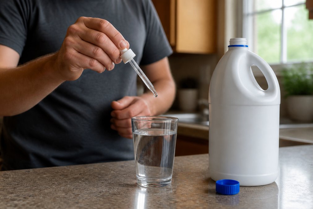 Close-up of hands carefully measuring household bleach with a dropper over a clear glass of water in a kitchen setting, showing proper dosing technique with natural window lighting