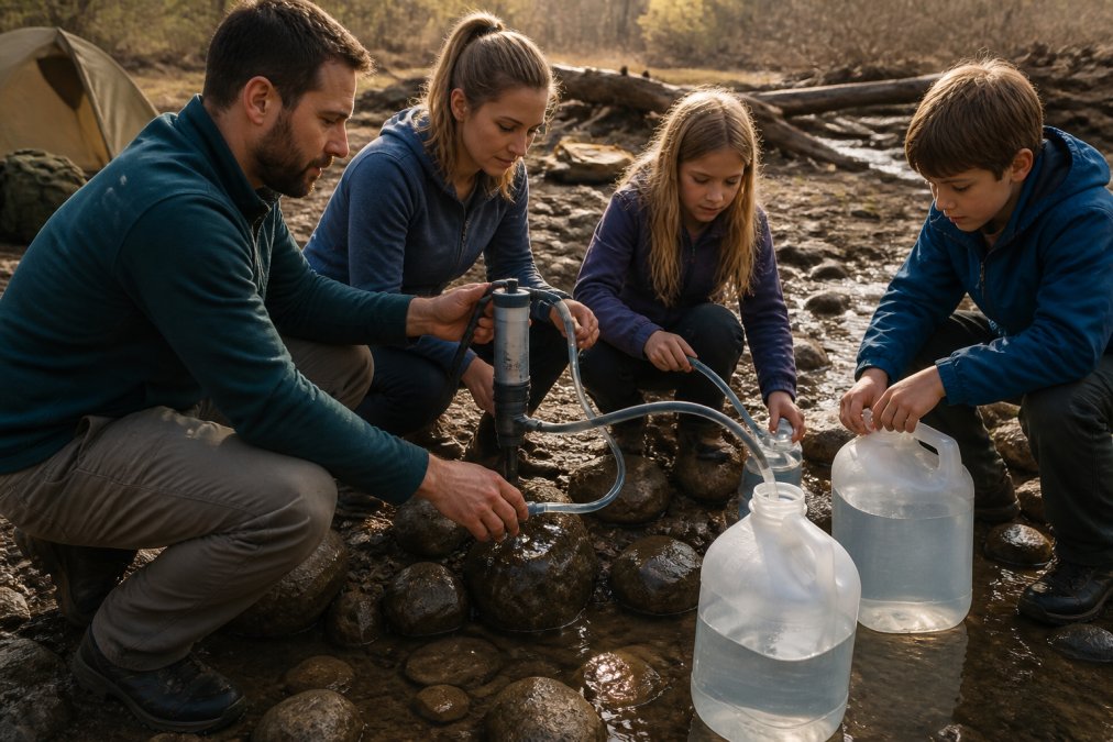 Family members using a portable water filtration system outdoors during an emergency, with filtered water being collected into food-grade storage containers under afternoon sunlight
