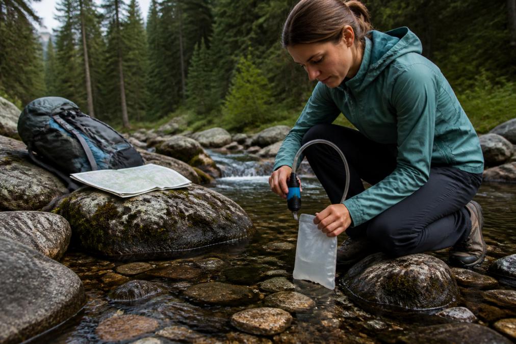 A hiker kneeling beside a clear mountain stream, filling a water filter pouch, with a backpack and map resting on nearby rocks in a forested backcountry setting
