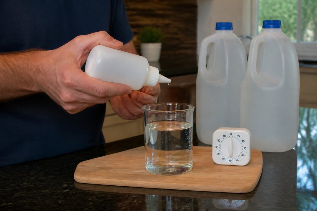 Close-up of hands holding a dropper bottle of unscented household bleach positioned over a clear glass of water with measurement markings, showing a kitchen counter setting with a timer and clean quart containers nearby