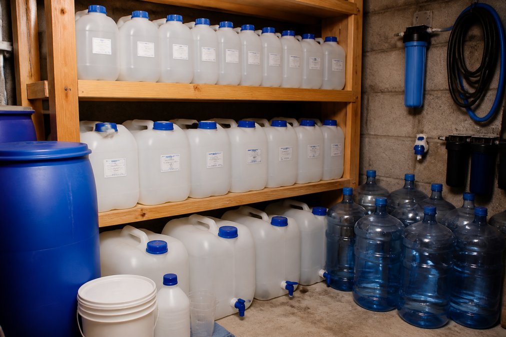 Multiple food-grade water storage containers of varying sizes arranged in an organized basement or pantry setting, with clear rotation date labels and storage information visible on the containers, demonstrating proper emergency preparedness setup