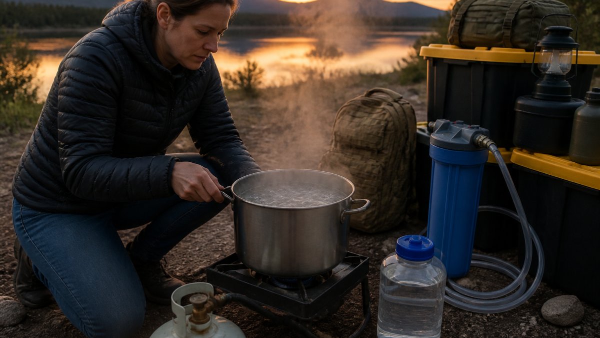 A person boiling water in a large pot over a portable propane stove outdoors at dusk, visible steam rising from a rolling boil, surrounded by emergency preparedness gear including a water filter and stacked storage containers