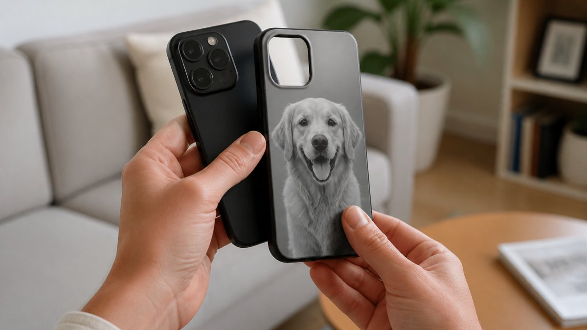 A close-up of a person's hands holding a smartphone against the back of an E Ink phone case, the case showing a photo of a dog, in a bright living room setting