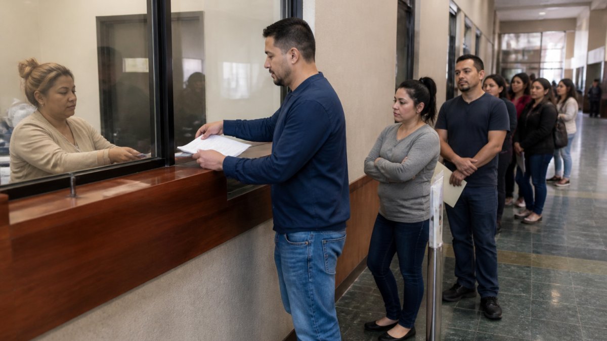 A person in casual clothing standing at a courthouse clerk window, holding paperwork, with a queue of people behind them in a bright institutional hallway