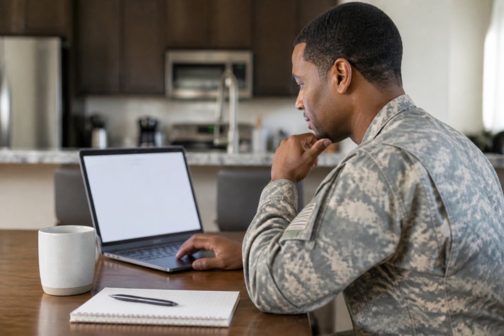 A veteran reviewing a Certificate of Eligibility document on a laptop while sitting at a kitchen table with a coffee mug and notepad