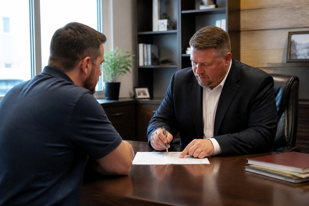 Bail bond agent reviewing paperwork with a client to discuss bail bond financing options in a modern office.