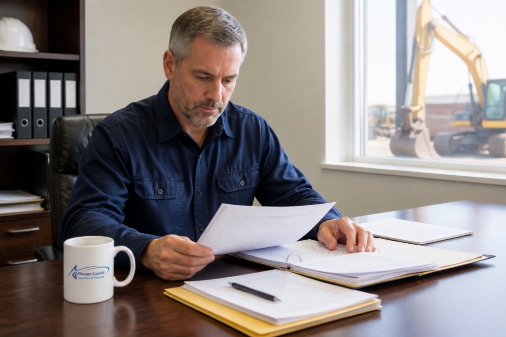Construction business owner reviewing paperwork for equipment financing in a sunlit office.