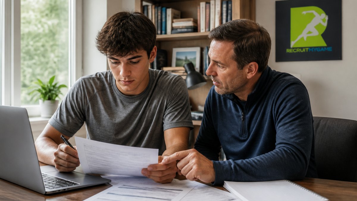 High school student-athlete sitting at a desk with a laptop, reviewing FAFSA documents and financial forms, with a parent or counselor nearby offering guidance in a bright home office