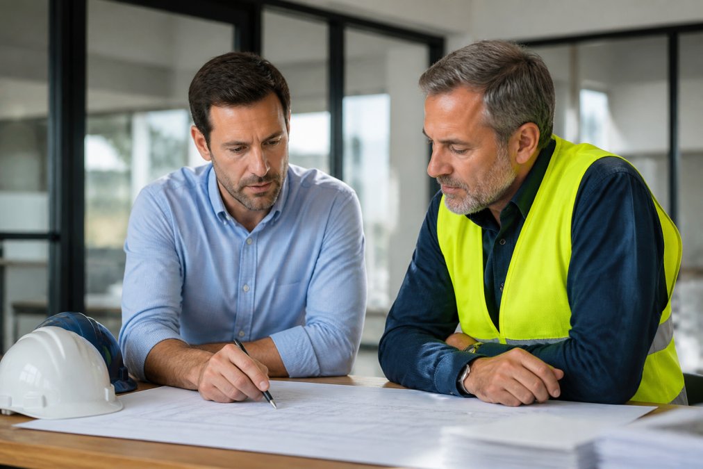 Professional developer and experienced general contractor reviewing construction blueprints and project plans together at a desk in a modern office with natural lighting, discussing project timeline and specifications