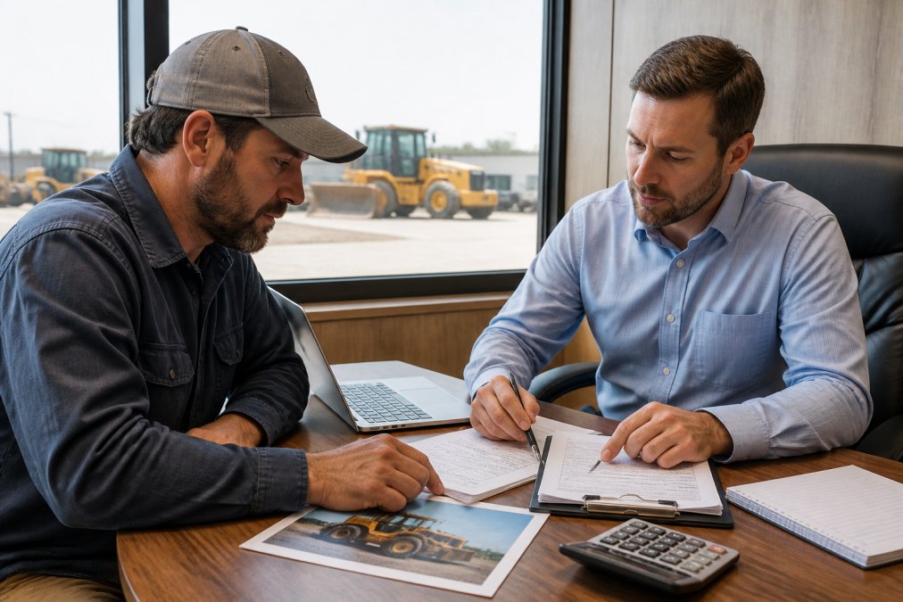 Construction business owner and loan officer reviewing documents for heavy equipment loans in an office.
