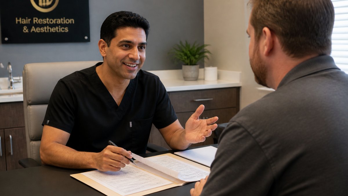 Physician discussing insurance covered weight loss options with a patient in a modern clinical exam room.