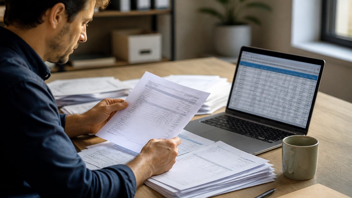 Small business owner reviewing documents for an invoice factoring application process at a desk