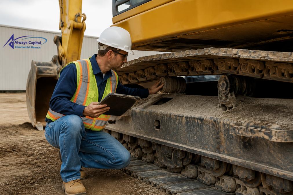 Infographic showing the appraisal process for heavy machinery loans using an excavator inspection checklist.