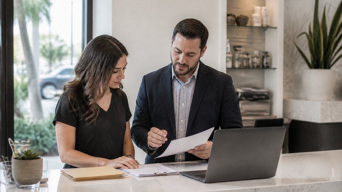 A med spa owner and a financial advisor reviewing loan documents and financial statements at a modern front desk, laptop open, folder of paperwork nearby, soft daylight from a window