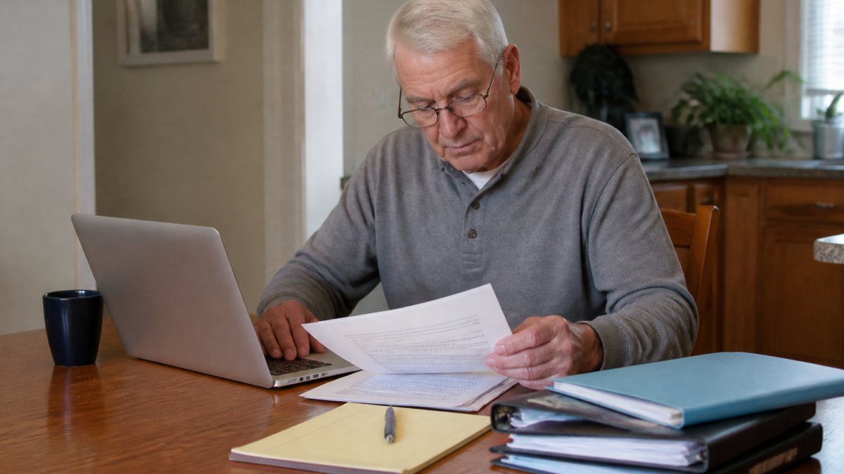Senior adult at home reviewing Medicare documents and paperwork with a laptop, surrounded by organized files and notes