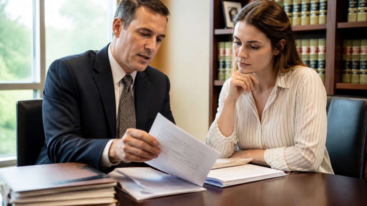 Professional attorney and client reviewing legal documents and court paperwork together at desk in modern law office with natural window lighting