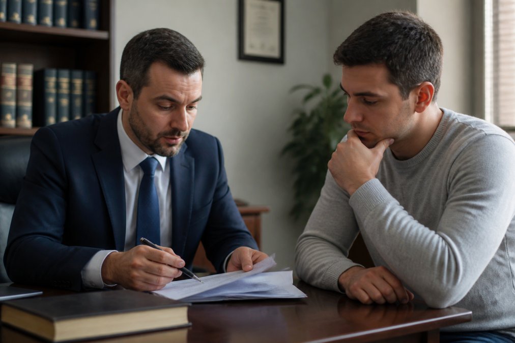 Criminal defense attorney meeting with client in professional office, reviewing case documents and discussing PC 1000 eligibility options, natural office lighting