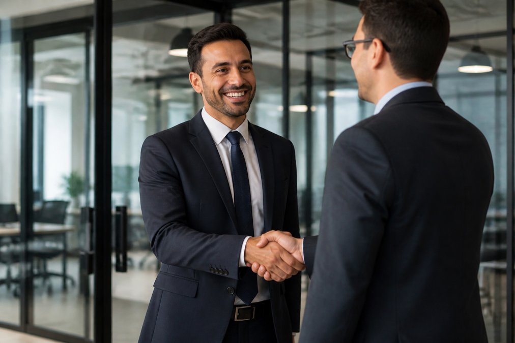 Professional in business attire shaking hands with colleague in modern office setting, representing restored professional opportunities and career advancement after successful PC 1000 completion