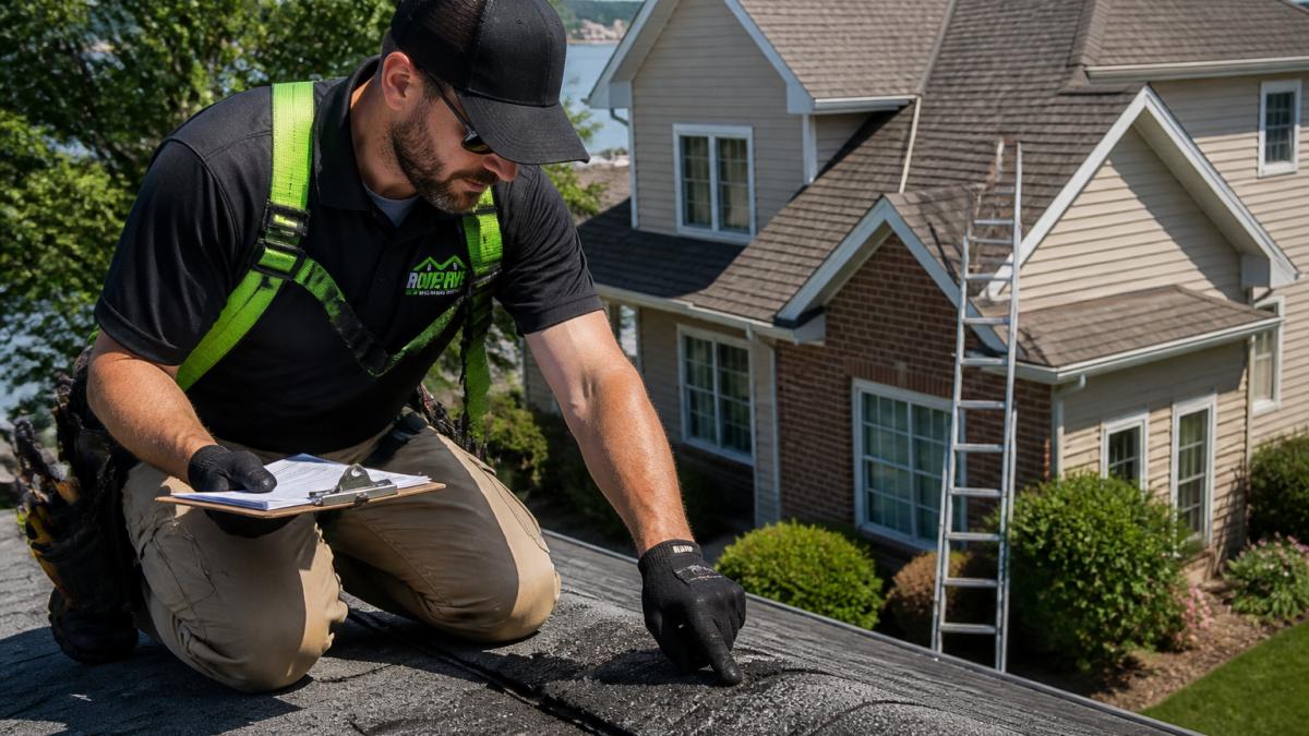 Roofing specialist inspecting asphalt shingle granule loss during a professional roof rejuvenation assessment