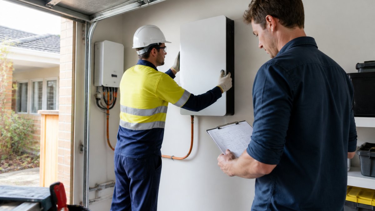 A licensed electrician in high-vis workwear and safety gear mounting a wall battery in a suburban Australian garage, with a homeowner reviewing paperwork nearby