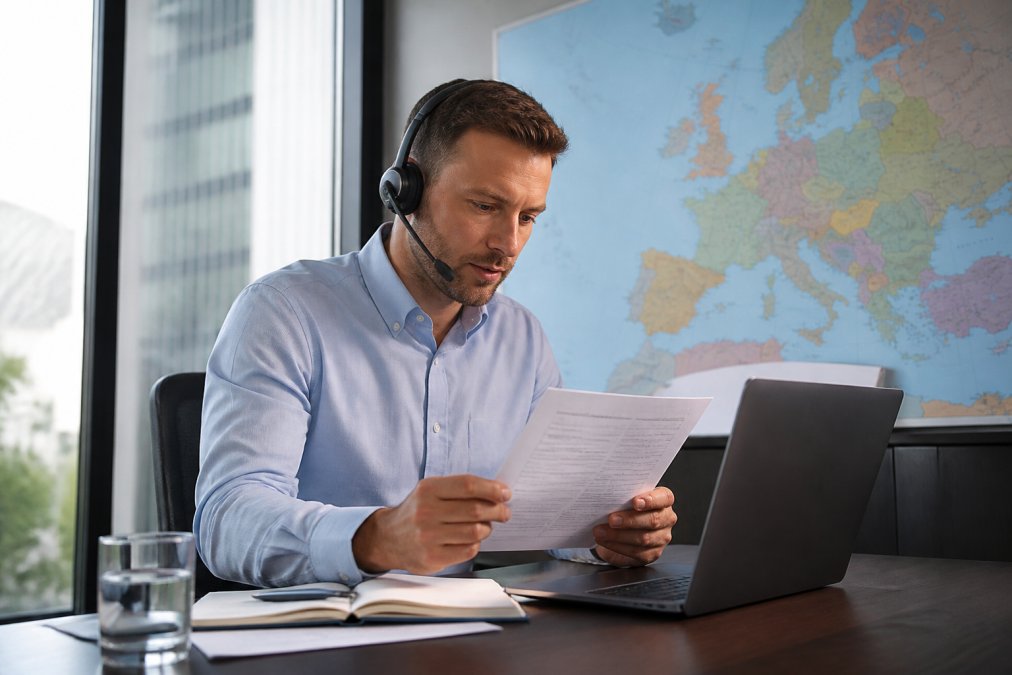 Sales professional reviewing B2B sales leads scripts in a modern office with a European map on the wall.