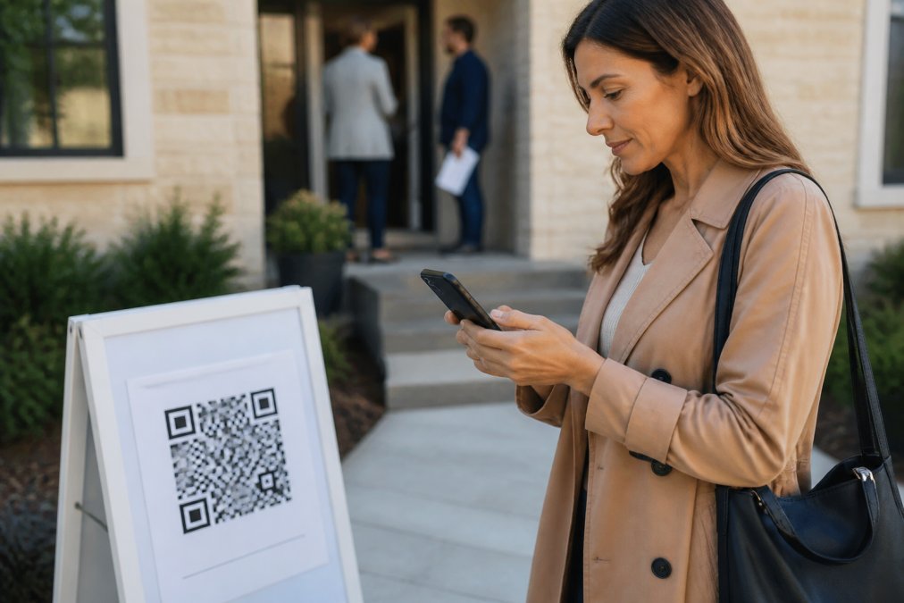 Real estate professional reviewing lead information on a smartphone at an open house, with a QR code sign visible in the background and property information displayed on the screen