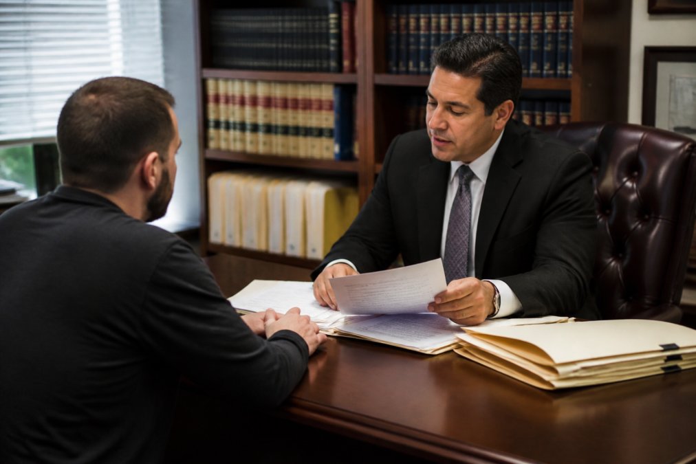 Criminal defense attorney meeting with client in professional law office, reviewing legal documents and case files on desk with organized folders and case materials visible