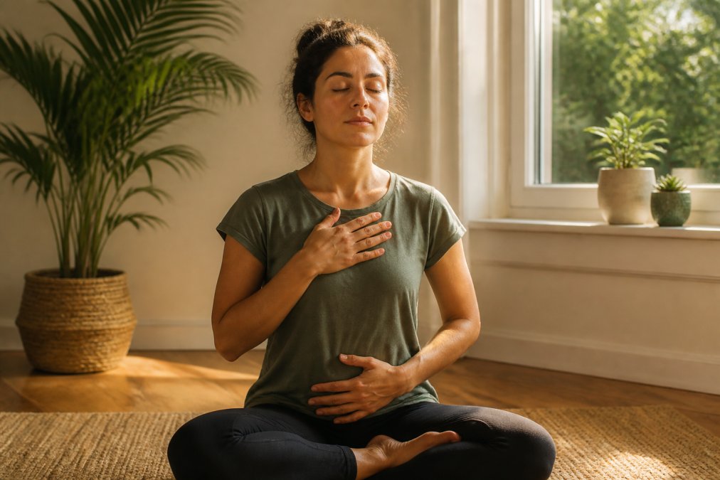 Person sitting in a calm, sunlit room with eyes closed and hand placed gently on chest, practising deep breathing with soft natural light streaming through a window