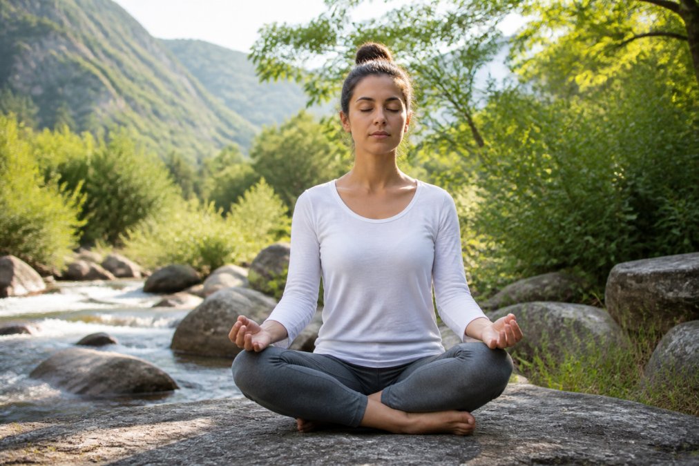 Individual sitting in a peaceful outdoor environment surrounded by greenery and natural light, in a meditation posture with eyes closed and serene expression