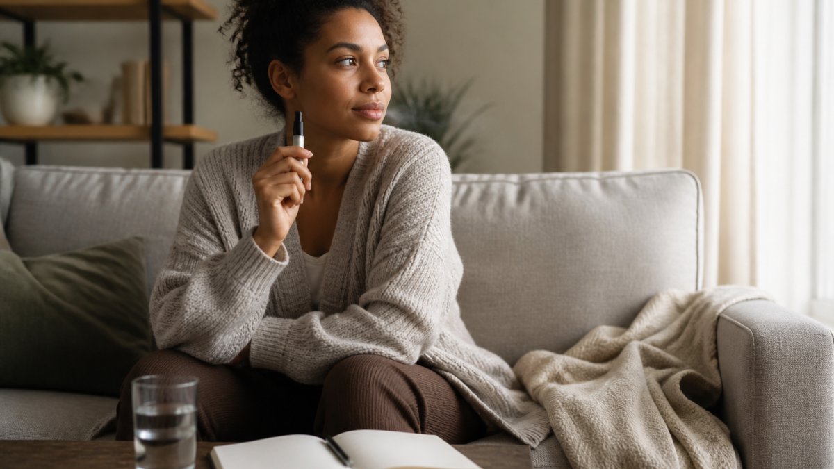 Infographic illustrating healthy coping strategies for nicotine cravings using a plant-based diffuser and mindfulness.