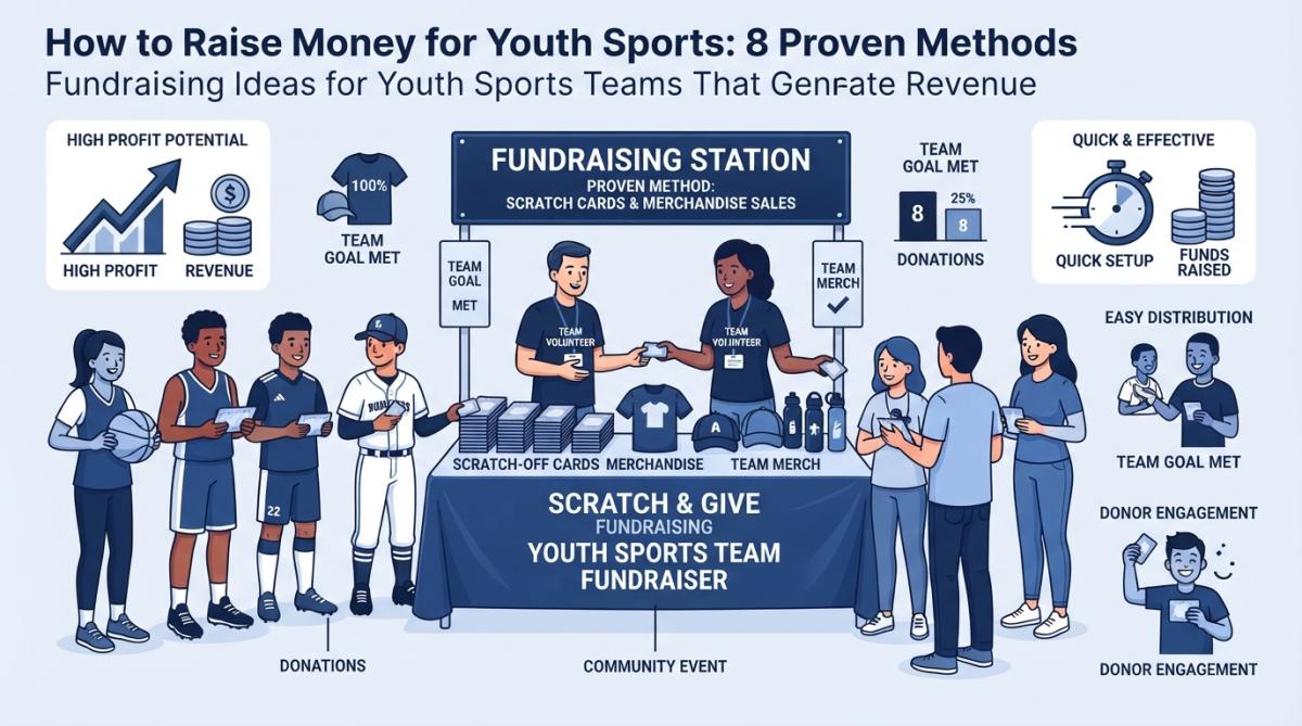 Youth sports team members and parents gathered around a table selling scratch-off cards and colorful merchandise at an outdoor community fundraising event with blue skies