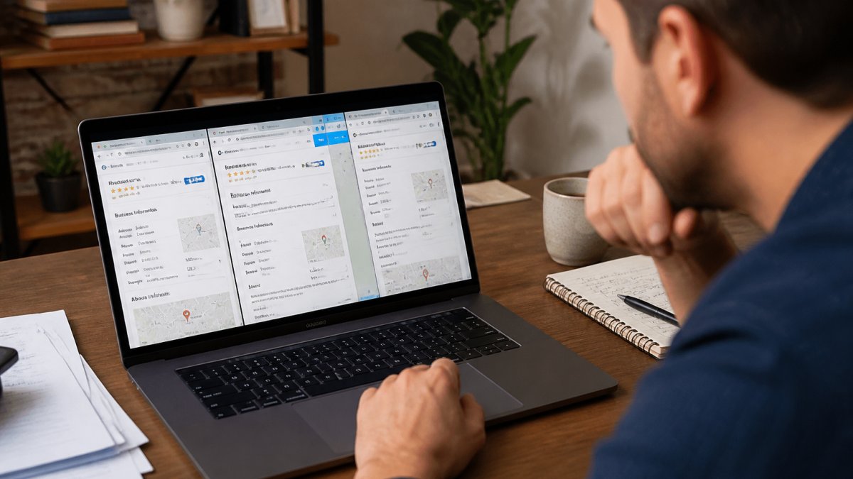 Business owner at desk reviewing multiple browser windows showing different business directory listings with conflicting information on laptop screen