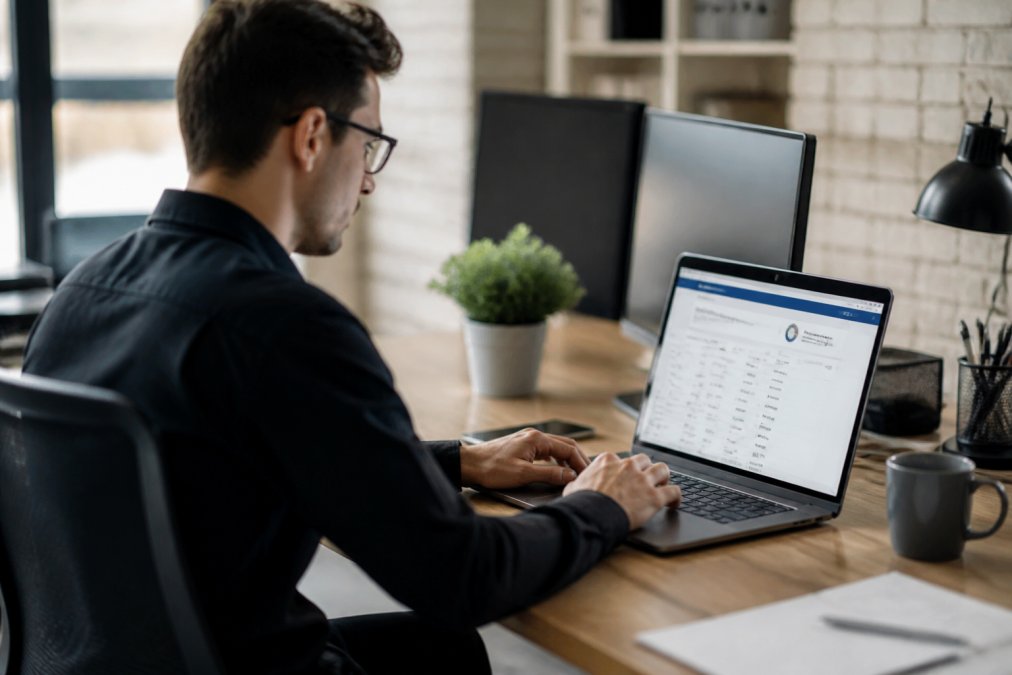 A web developer reviewing website performance metrics on a laptop screen with analytics dashboard visible, sitting at a desk with multiple monitors in a modern office