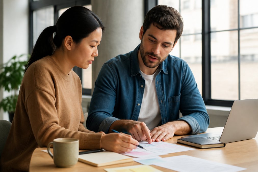 A content strategist and SEO specialist collaborating at a desk, reviewing keyword research and content briefs on a computer screen in a bright, modern office