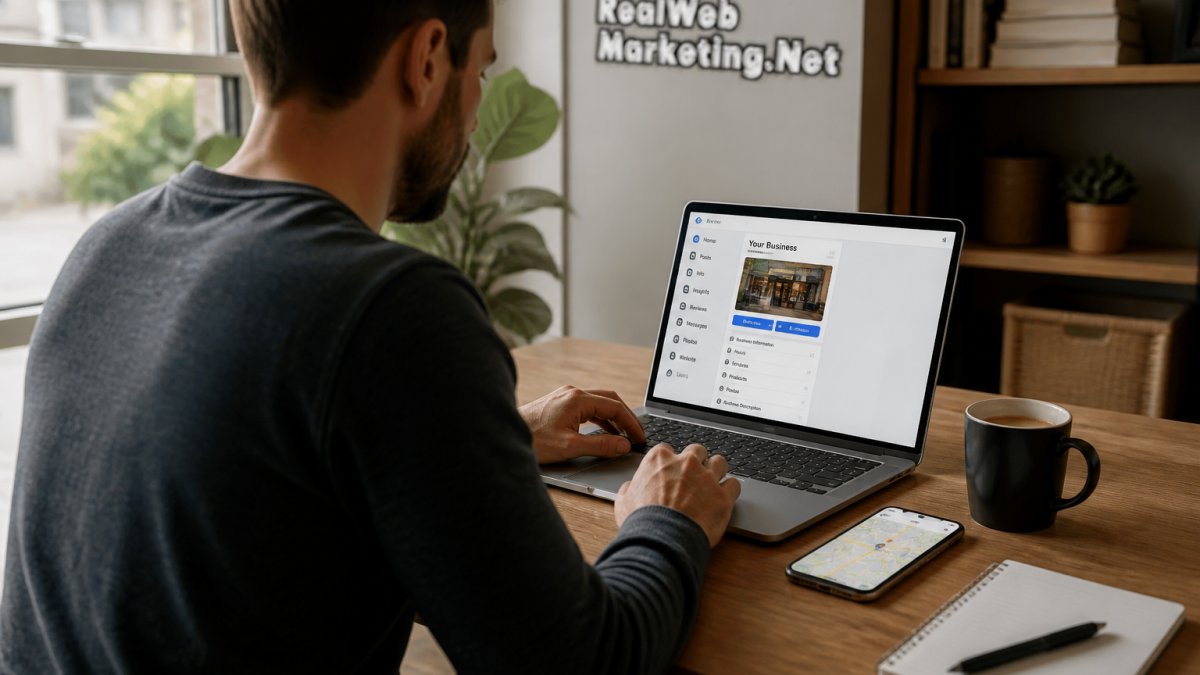 A small business owner sitting at a wooden desk, editing their Google Business Profile on a laptop with a smartphone showing a map nearby, warm natural light from a window, coffee cup and notebook on the desk