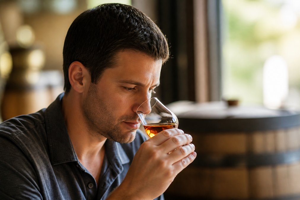 Hand holding a bourbon glass at nose level with focused expression, showing proper nosing technique in warm natural lighting