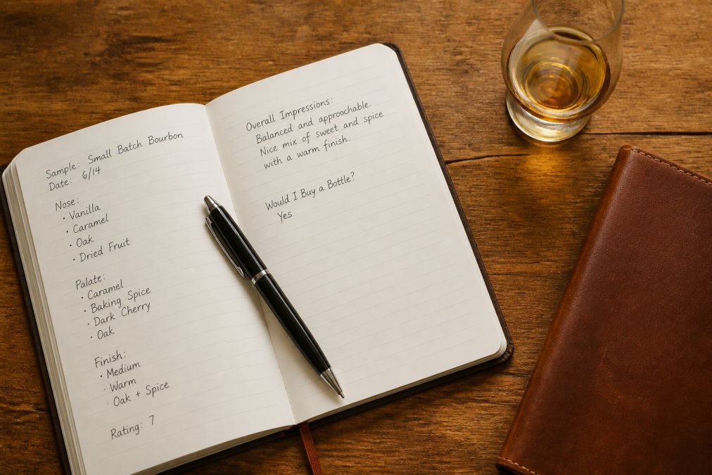 Overhead view of a bourbon tasting journal open on wooden table with glass of bourbon, pen, and flavor notes visible, warm natural lighting