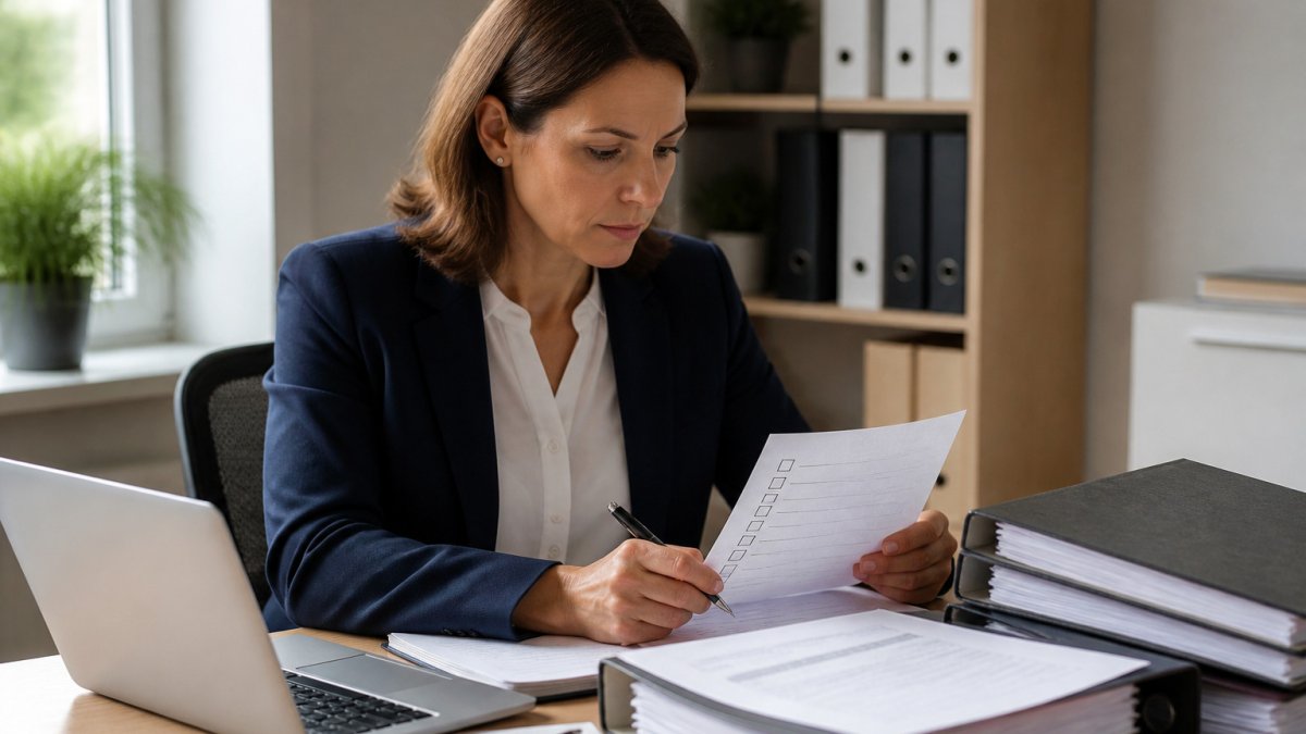 Compliance officer reviewing a printed checklist at a desk with a laptop in a bright modern office workspace