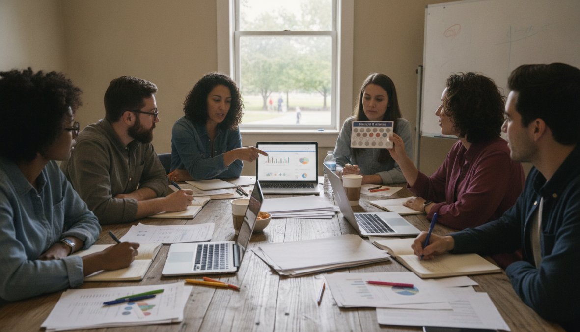 A diverse team of nonprofit volunteers and staff gathered around a table with laptops and papers, reviewing fundraising campaign data and discussing strategy together in a bright community center