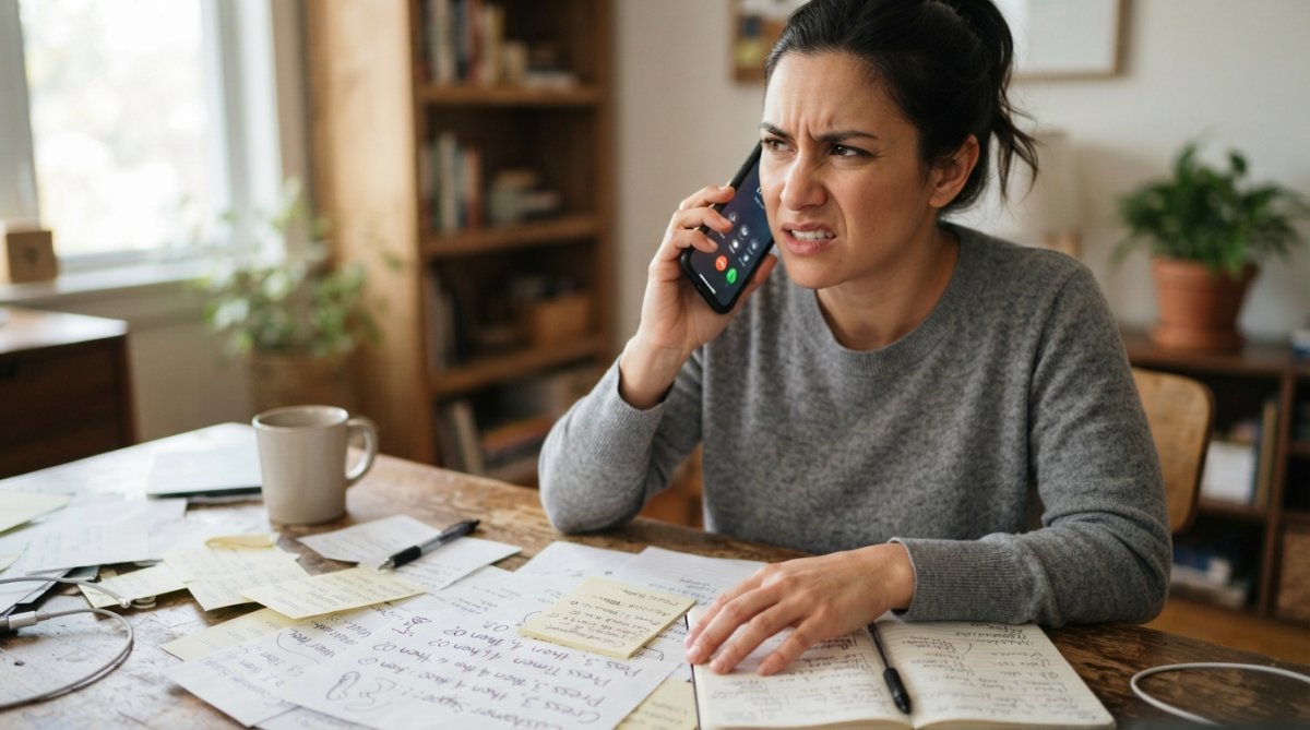 Person holding a smartphone with a frustrated expression during a customer service call, sitting at a desk with notes scattered around