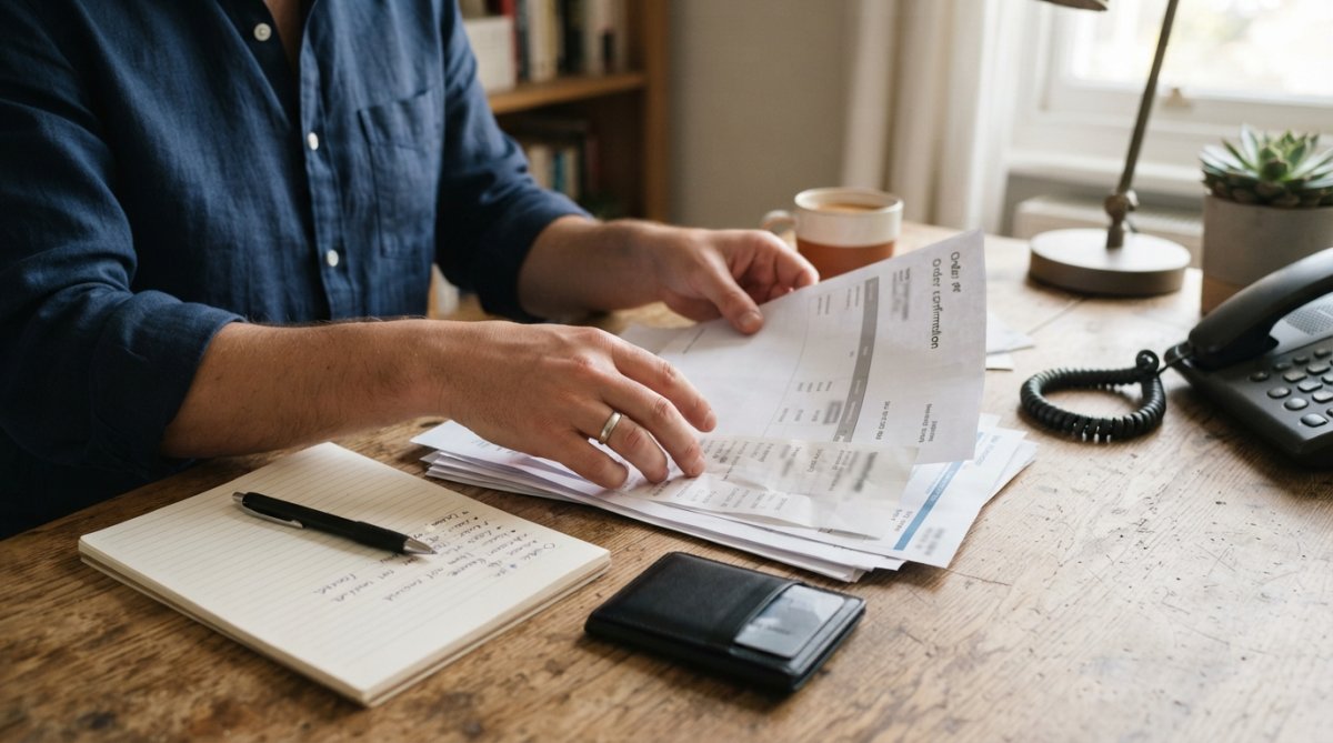 Hands organizing documents, receipts, and account information on a desk with a notepad and pen, preparing to make a customer service call