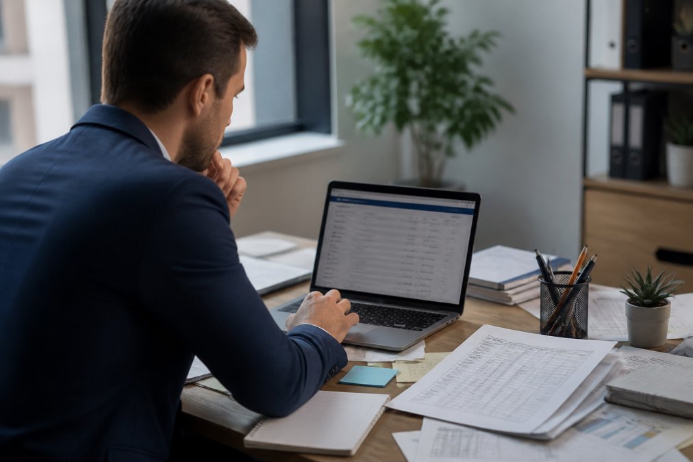 Sales manager reviewing lead data on laptop screen with CRM dashboard visible, spreadsheets and notes scattered on desk in modern office environment with natural window lighting